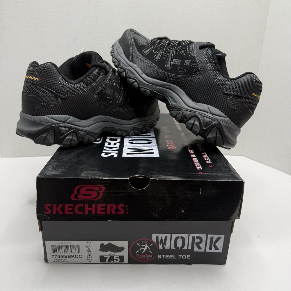 Skechers Work Cankton Mens 7.5 Steel Toe Memory Foam Black Charcoal 77055/BKCC